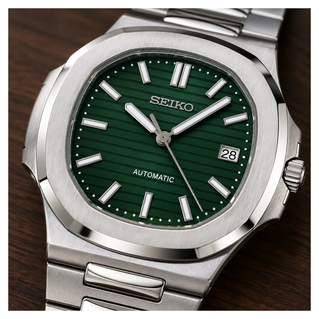Integrated Automatic, Forest green, the dial close up