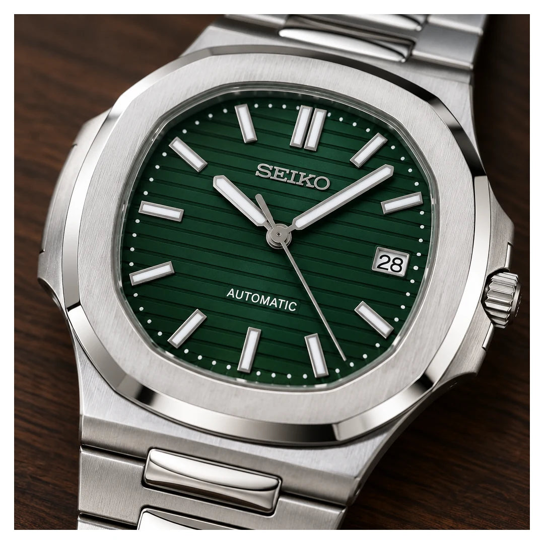 Integrated Automatic, Forest green, the dial close up